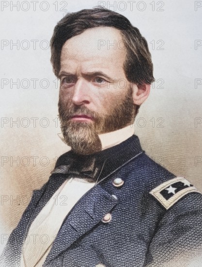 William Tecumseh Sherman (born 8 February 1820 in Lancaster, Ohio, died 14 February 1891 in New York City, New York) was an American officer, latterly General of the Army, banker, lawyer, writer and Secretary of War, Historical, digitally restored reproduction from a 19th century original, Record date not stated