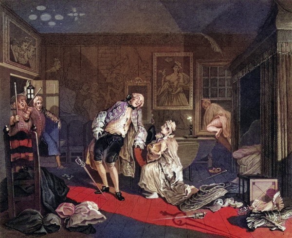 Marriage a la Mode Death of the Earl from the original by Hogarth from The Works of Hogarth published London 1833, Historisch, digital restaurierte Reproduktion von einer Vorlage aus dem 19. Jahrhundert, Record date not stated