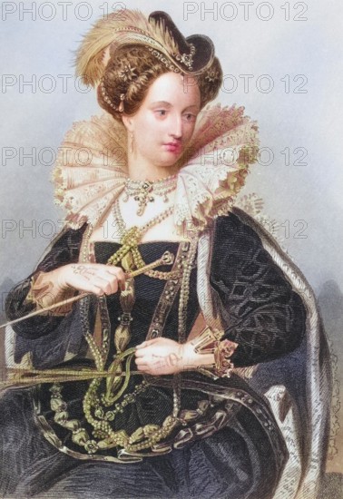 Elizabeth I, 1533-1603, Queen of England 1558-1603, engraved by W. Holl after E. Corbould. From the book The Queens of England, Volume II by Sydney Wilmot. Published in London c. 1890, Historic, digitally restored reproduction from a 19th century original, Record date not stated