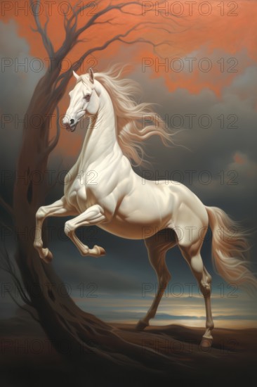 Rearing white horse in an imaginary forest, 19th century style, AI generated