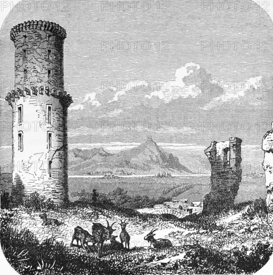 Bad Godesberg, ruins of Godesberg Castle with the Siebengebirge, round tower, low mountain range, goats, travel, North Rhine-Westphalia, Germany, historical illustration 1885, Europe