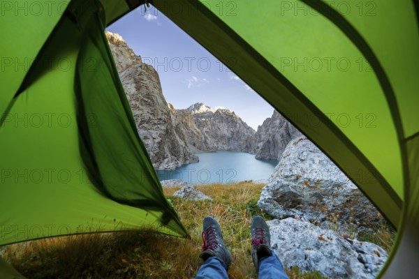 Wild camping, camping in the wilderness with a tent, Kol Suu mountain lake, Sary Beles Mountains, Naryn Province, Kyrgyzstan, Asia