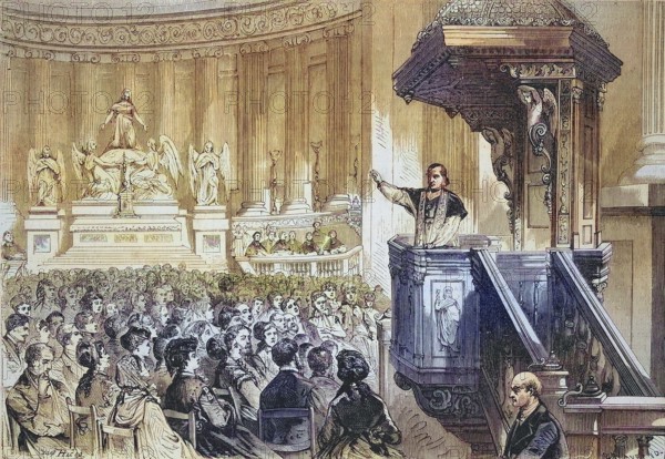 Monsignor farmer preaching from the pulpit in the Church of St. Mary Magdalene, La Madeleine, Sainte-Marie-Madeleine, St. Mary Magdalene, Paris, France, 1869, Historic, digitally restored reproduction of a 19th century original, exact original date not known, Europe