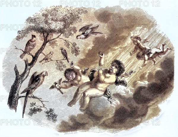 Birds and Children, Angels, Falling from the Sky in a Ray of Sunlight, 1880, Historic, digitally restored reproduction of a 19th century original