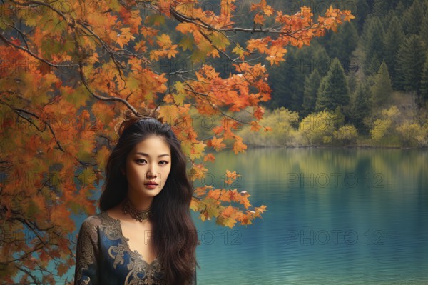 Beautiful young Asian woman with dark hair under tree branches near a colourful lake, China, AI generated, Asia