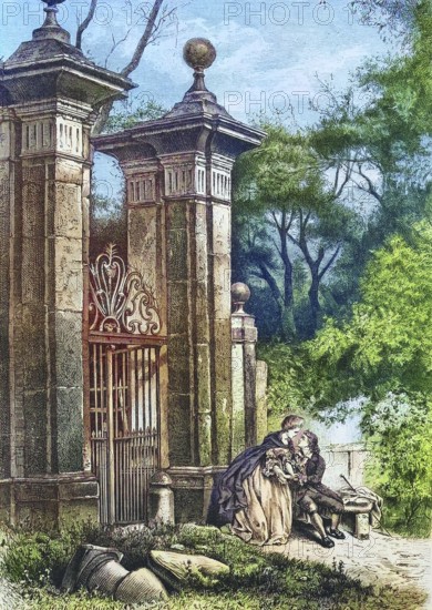 Lovers in front of the gate to a park, 1880, England, Historic, digitally restored reproduction of a 19th-century original