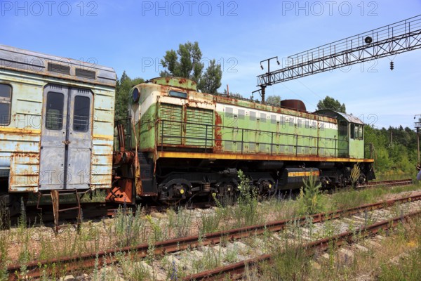 Exclusion zone, locomotive on the site of the former Yaniv railway station, now in the uninhabitable 30-kilometre zone around the Chernobyl power plant and the workers' settlement of Pripyat, Ukraine, Europe