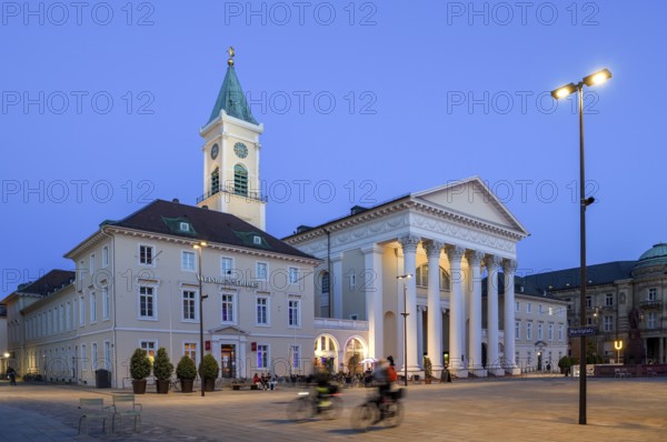 Protestant town church on the market square, blue hour, Karlsruhe, Baden-Württemberg, Germany, Europe