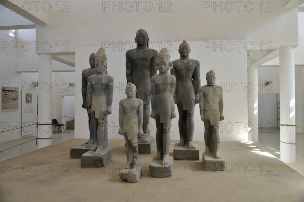 Seven granite statues, among others of Pharaoh Taharqa, 692-664 BC, found in 2003 by the Swiss archaeologist Charles Bonnet, Kerma Museum, Kerma, Nubia, Sudan, Africa