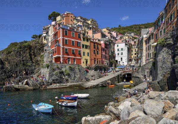 Fishing boats in the harbour of Riomaggiore, village view, Cinque Terre, province of La Spezia, Liguria, Italy, Europe