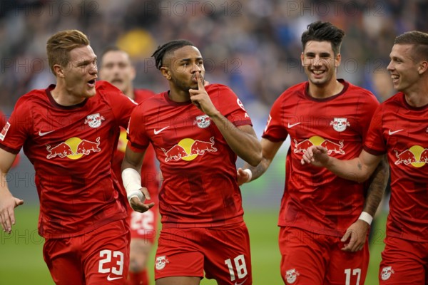 Goal celebration, gesture, gesture, silent, Christopher Nkunku (18) RasenBallsport Leipzig RBL, Marcel Halstenberg (23) RasenBallsport Leipzig RBL, Dominik Szoboszlai (17) RasenBallsport Leipzig RBL, Dani Olmo (07) RasenBallsport Leipzig RBL, PreZero Arena, Sinsheim, Baden-Württemberg, Germany, Europe