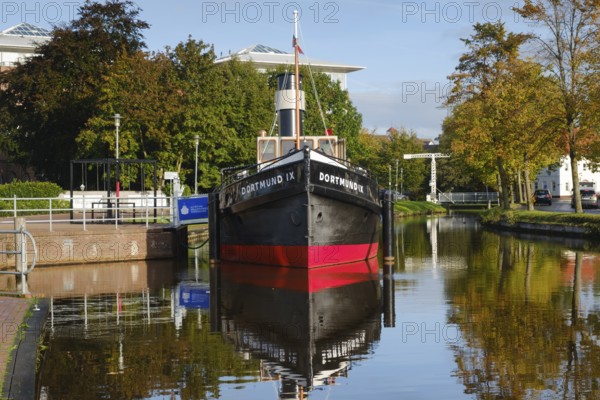 Dortmund IX, museum ship on the main canal, Maritime Adventure World, Papenburg, Emsland, Lower Saxony, Germany, Europe