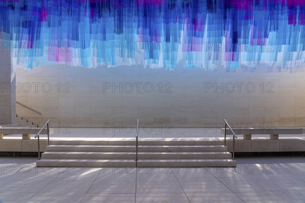 Colourful silk curtains at the CaixaForum, cultural centre in the former Fabrica Casaramona, Barcelona, Spain, Europe