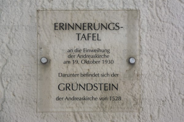 Inauguration commemorative plaque, information plaque foundation stone, Protestant St. Andrew's Church, writing, letters, Eningen unter Achalm, Baden-Württemberg, Germany, Europe