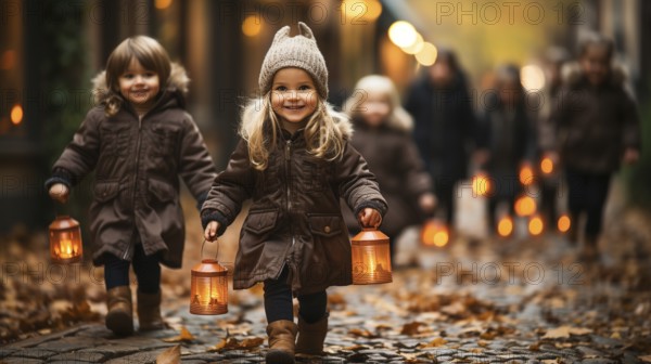 Cute little children dressed up for halloween walking down the sidewalk together, generative AI