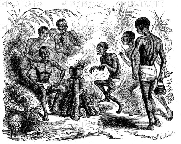 The use of fire for cooking among the natives, 1869, Uganda, Historic, digitally restored reproduction of a 19th century original, exact original date unknown, Africa