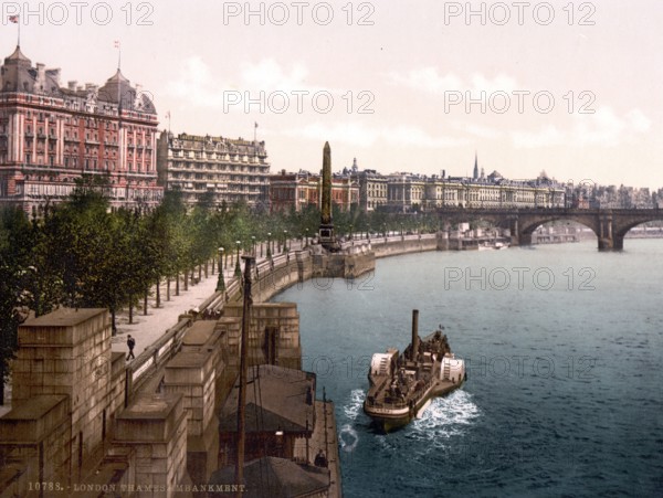 Thames embankment, Thames embankment, London, ca 1895, England, Historic, digitally restored reproduction from a 19th century original, Historic, digitally restored reproduction from a 19th century original