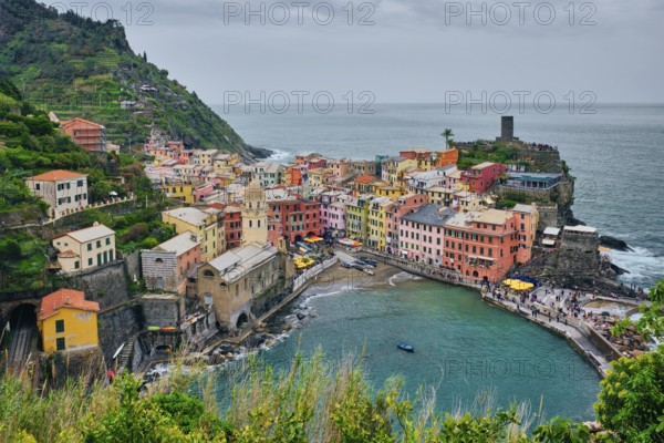 Vernazza village popular tourist destination in Cinque Terre National Park a UNESCO World Heritage Site, Liguria, Italy view from Azure trail