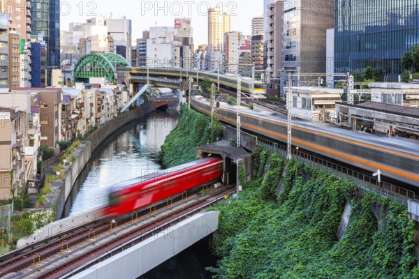 Local transport in Tokyo with trains of the metro and railways of Japan Rail JR in Tokyo, Japan, Asia