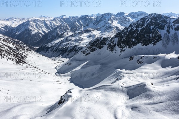 Aerial view, mountain valley with snow, mountains in winter, Sellraintal, Kühtai, Tyrol, Austria, Europe