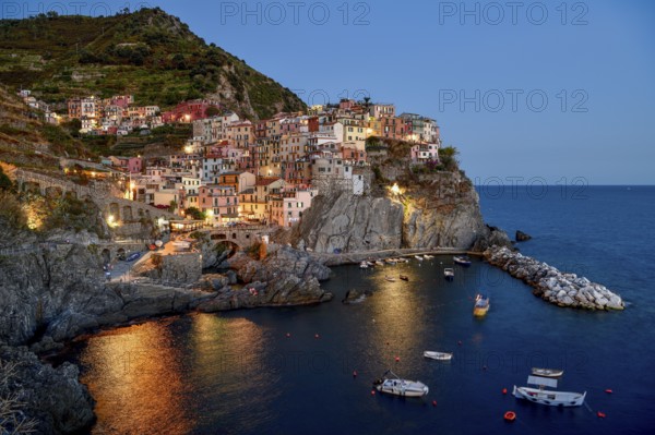 Fishing village of Manarola, blue hour, blue hour, district of Riomaggiore, Cinque Terre, province of La Spezia, Liguria, Italy, Europe