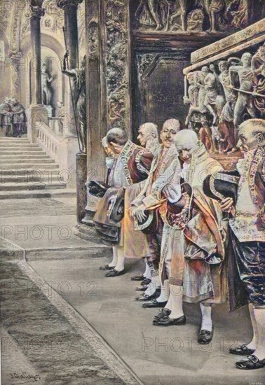 In the palazzo barberini in Florence, Italy, Men waiting for the Archduke, 1880, Historic, digitally restored reproduction of a 19th century original, Europe