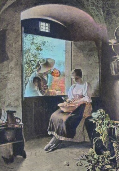 Courting, Man flirting through the open window with a woman doing kitchen work, 1880, Germany, Historic, digitally restored reproduction of a 19th century original, Europe