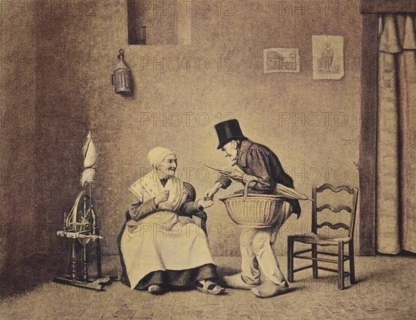 Old woman offers her man a pinch of snuff, Holland, Historic, digital reproduction of an original 19th century painting, original date not known