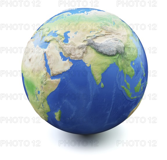 Earth isolated on white background with soft shadow. Focus on India and Middle East, Map and earth data used is computer generated in public domain from www. naturalearthdata. com