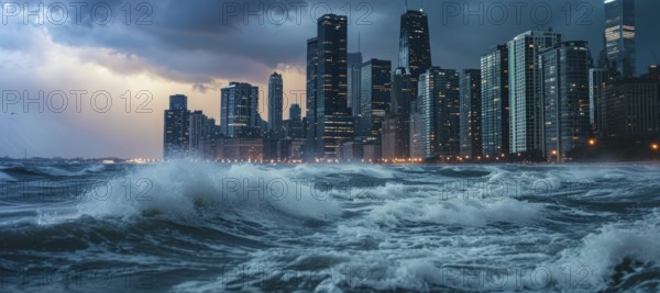 Hurricane destroys city shore, infrastructure and causing damage and floods, AI generated