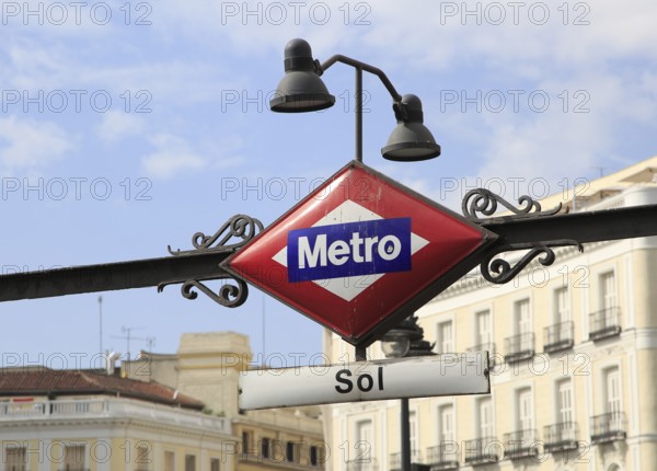 Close up, Sol metro station sign, Plaza de la Puerta del Sol, Madrid city centre, Spain, Europe