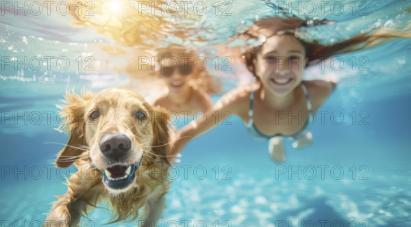 Happy smiling family with children swimming with a golden retriever at home pool, AI generated