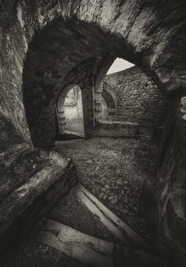 Black and white photo, Hochburg castle ruins, Emmendingen, Germany, Europe