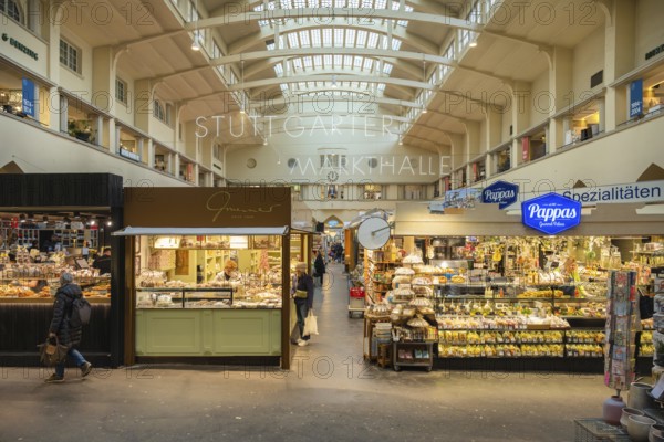 Various market stalls with supra-regional delicatessen products in the historic market hall in Stuttgart, Baden-Württemberg, Germany, Europe