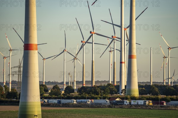 Wind farm near Bad Wünnenberg, Ostwestfalen Lippe, along the A44 motorway, North Rhine-Westphalia, Germany, Europe