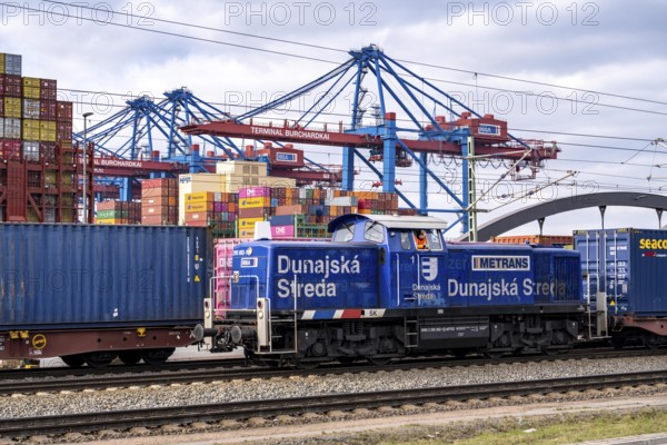 Port of Hamburg, Waltershofer Hafen, container ships, goods train brings and collects freight containers to and from HHLA Container Terminal Burchardkai, Hamburg, Germany, Europe