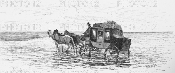 Carriage ride through the mudflats, North Sea, East Frisia, Lower Saxony, low tide, horse-drawn carriage, coachman, Germany, historical illustration 1880, Europe