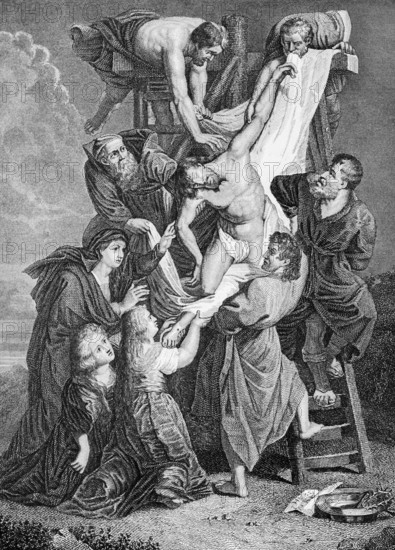 The Descent from the Cross of Jesus after Rubens, Gospel of John, corpse, wound, cross, ladder, New Testament, Bible, historical illustration 1854