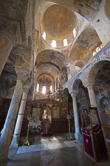 Pantanassa nunnery, interior view, Byzantine ruined city of Mystras or Mistra on the Taygetos Mountains, UNESCO World Heritage Site, Laconia, Peloponnese, Greece, Europe