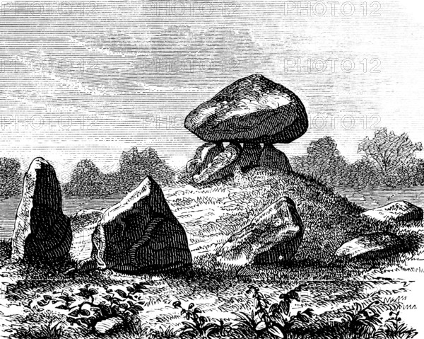 Dolmen near Halskov, Sjælland, erratic blocks. flat landscape, circle, history of prehistoric mankind, Denmark, historical illustration 1880, Europe