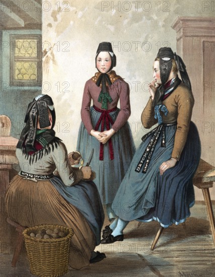 Traditional costumes in Germany around 1820, Rhine Province Prussia, Wetzlar, Three woman in traditional dress sitting in an interior and engrossed in conversation, digitally retouched reproduction of a model from around 1850, by Albert Kretschmer (27 February 1825, 11 July 1891), German painter and traditional costume expert