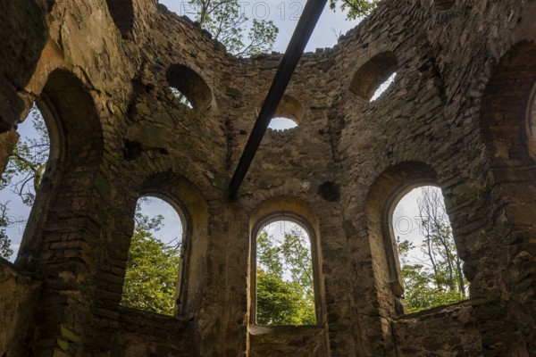 The Blechburg is a ruined former lookout tower with a viewing bastion at the northern end of the Jägerberg on the Wahnsdorfer Flur in the town of Radebeul in Saxony. The ruin stands in the middle of a forest that has grown up in recent decades on the edge of the slope at around 235 metres, Radebeul Weinhänge, Radebeul, Saxony, Germany, Europe