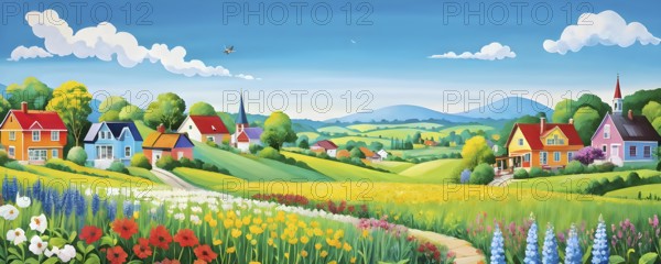 AI generated illustration of colorful countryside houses nestled in a spring or summer scenery with blooming flowers