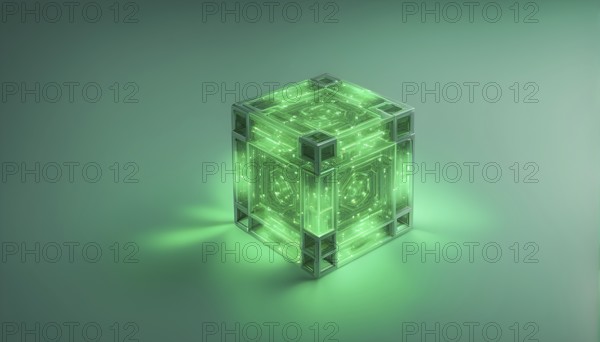 Three dimensional render of a green glowing blockchain cube, AI generated