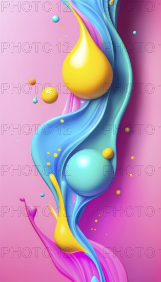 Abstract image with colorful yellow and turquoise blobs and liquid shapes on a pink background, AI generated