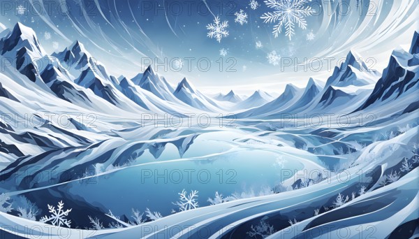 Abstract illustration of dreamy, icy landscape with swirling blues, whites, and silvers, evoking the feeling of a cold winter's breeze, AI generated