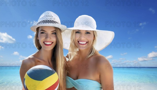 Two young woman in sun hats playing with a beach ball on the beach in the Caribbean