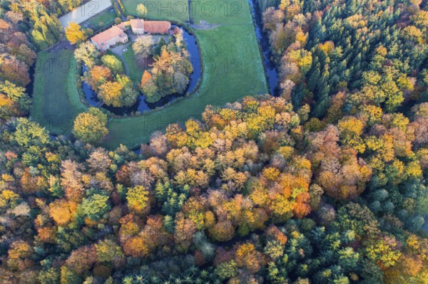 Autumn forest with the Füchtel estate, aerial view, drone, Füchtel, Vechta, Lower Saxony, Germany, Europe