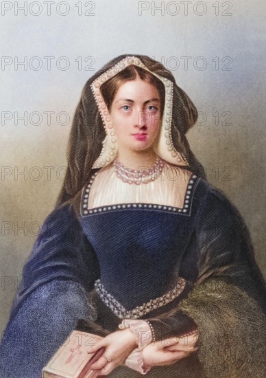 Catherine of Aragon, also known as Katherine, 1485-1536, first woman of Henry VIII. Engraved by J.W.Knight after F.Newenham, from the book The Queens of England, Volume I by Sydney Wilmot. Published in London c. 1890, Historical, digitally restored reproduction from a 19th century original, Record date not stated