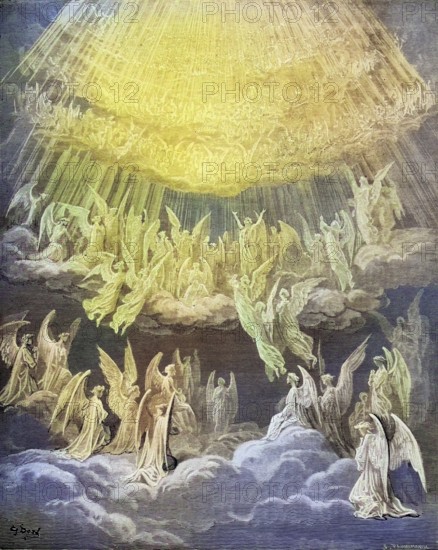 Illustration for Paradiso, the Divine Comedy by Dante Alighieri Canto, Glory be to the Father, the Son and the Holy Spirit, by Gustave Dore 1832-1883, French artist, Inferno, Hell, Paradise, Angels, Damnation, Historical, digitally restored reproduction from a 19th century original, Record date not stated